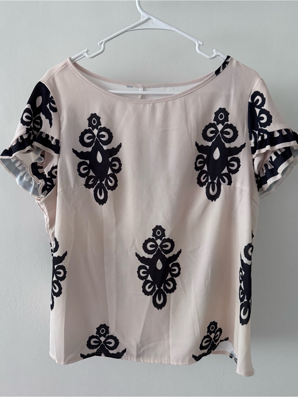 SHEIN Beige Short Sleeve Blouse with Black Print (NEVER USED)